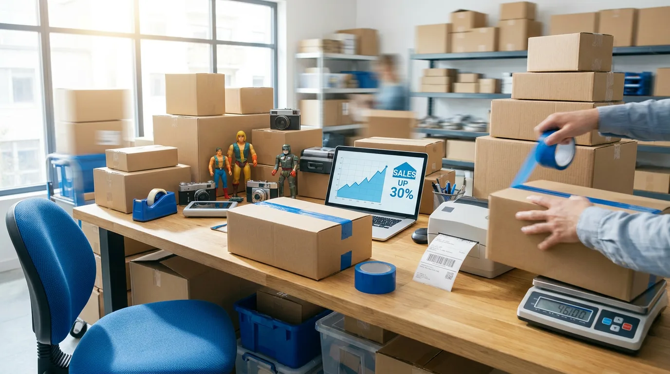 An energetic home reselling bench: shelves of boxed inventory, a laptop showing an eBay listing and a rising sales chart, a shipping scale, tape gun, and mailers ready to pack
